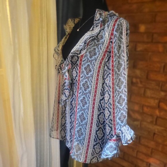 ZARA Sheer Red/Navy/White Patterned Ruffled 3/4 Sleeve Blouse - Size M LIKE NEW! - Picture 6 of 11